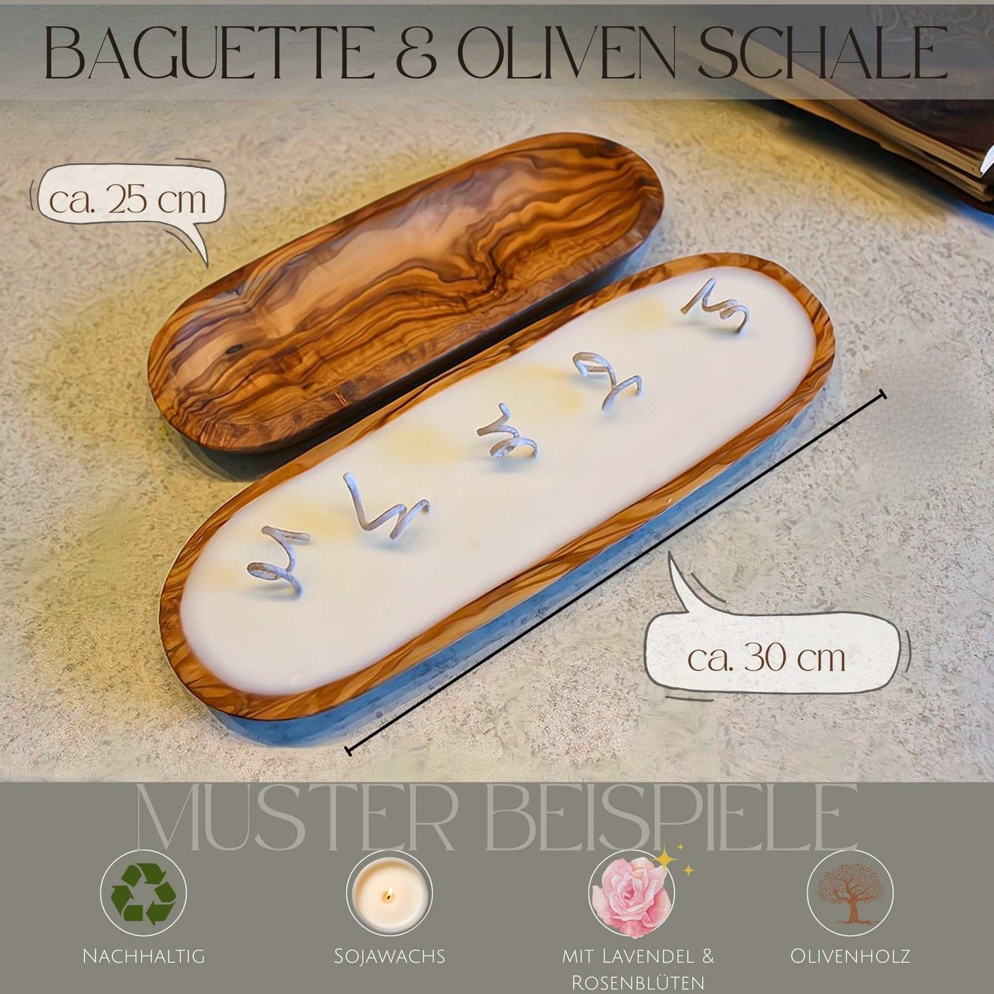 Baguette-Schale und Olivenschale aus Olivenholz mit Sojawachs Kerze