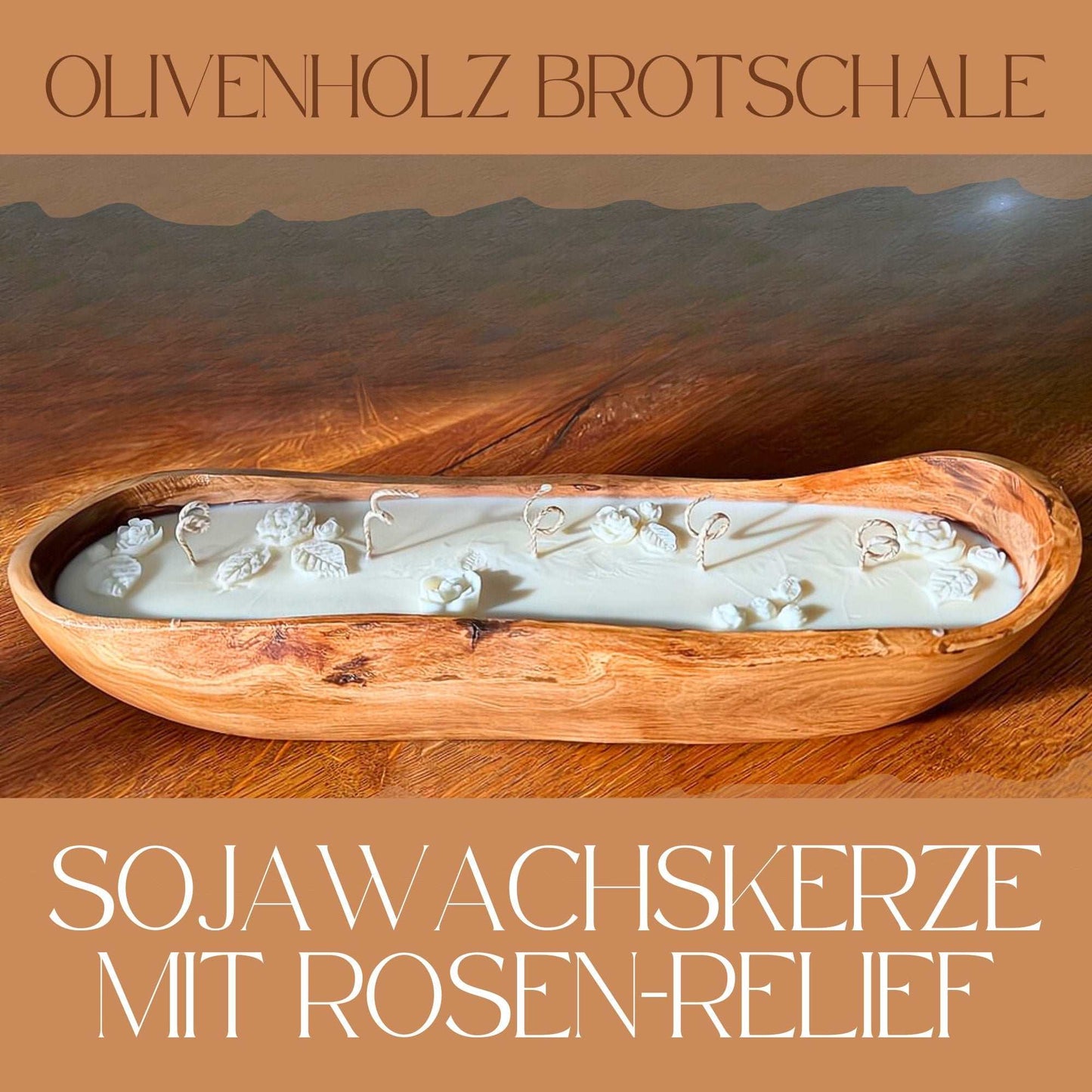 Sojawachskerze in Olivenholzschale mit besonderem Rosen-Relief, große Luxus Kerze 35-39 cm