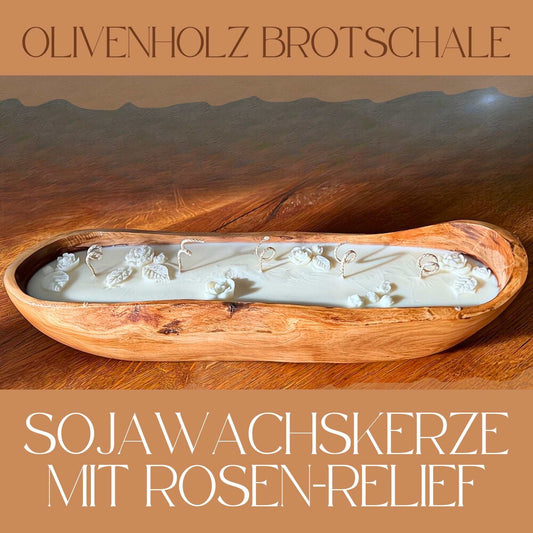 Sojawachskerze in Olivenholzschale mit besonderem Rosen-Relief, große Luxus Kerze 35-39 cm