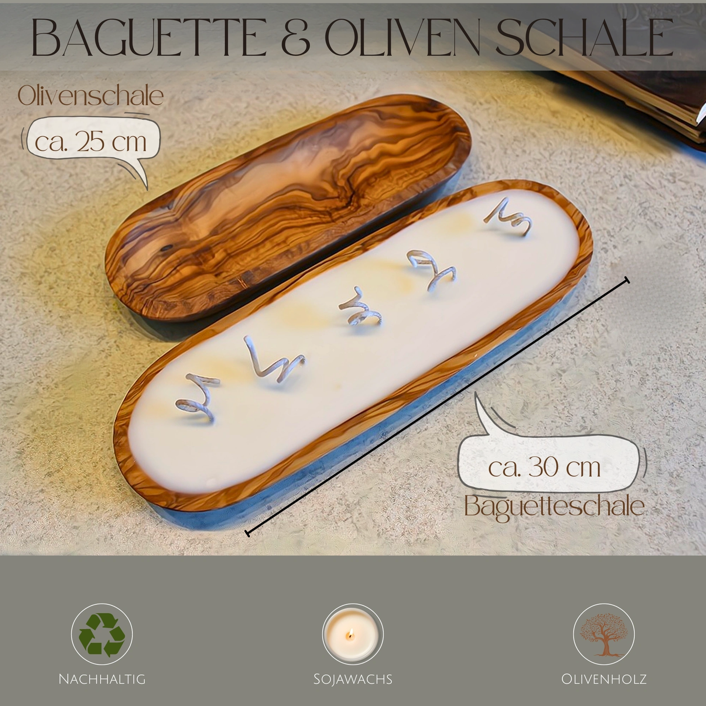 Sojawachskerze in Olivenholzschale "Baguette" 30 cm Birne + Freesie
