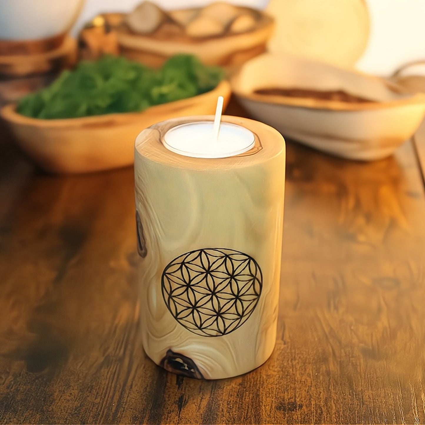 Teelichthalter 6 cm aus Olivenholz mit Blume des Lebens für elegant, rustikal, natürlich und einzigartig Wohnkultur