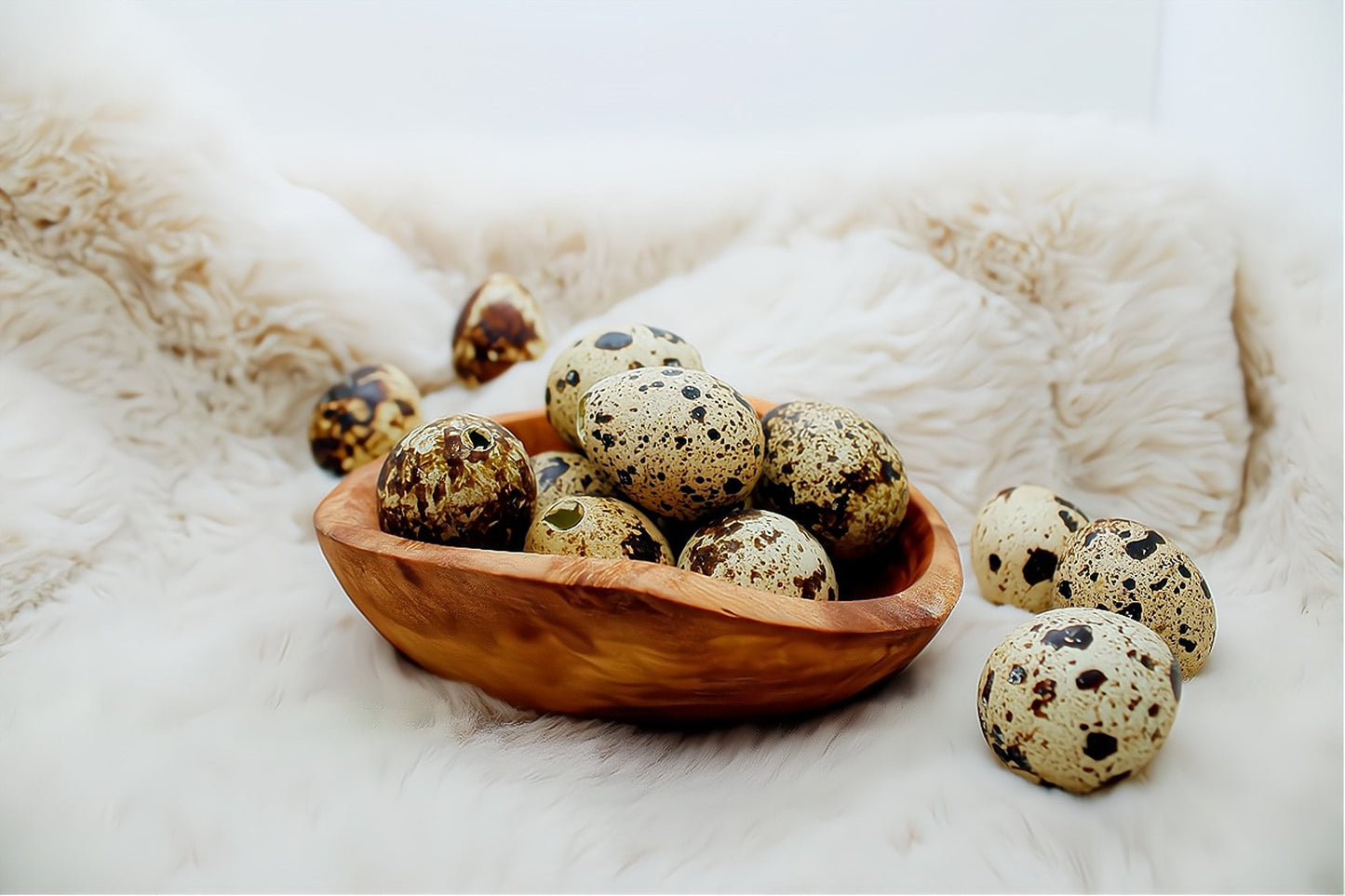 Osterdeko Holz - natürliche Olivenholzschale mit Eiern mit echten Wachteleiern oder Dekoeiern