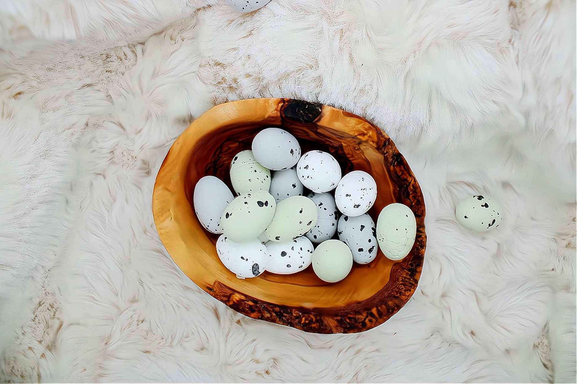 Osterdeko Holz - natürliche Olivenholzschale mit Eiern mit echten Wachteleiern oder Dekoeiern